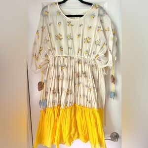 yellow and blue summer/spring embroidered floral knee length dress with tassels